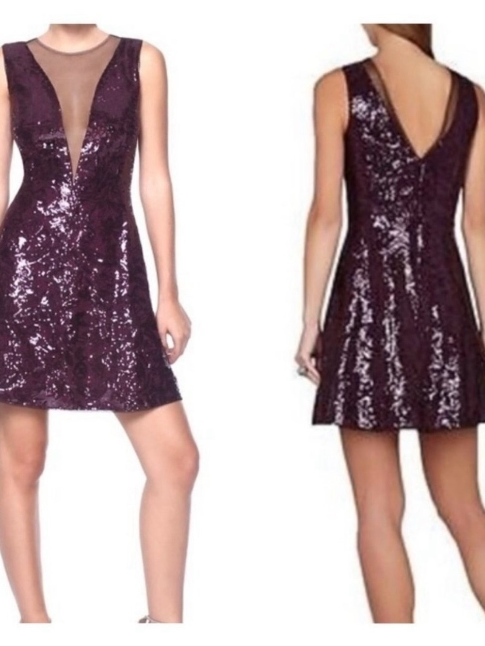 BCBGMaxAzria Plum Sequin Mesh Plunge Mini Dress